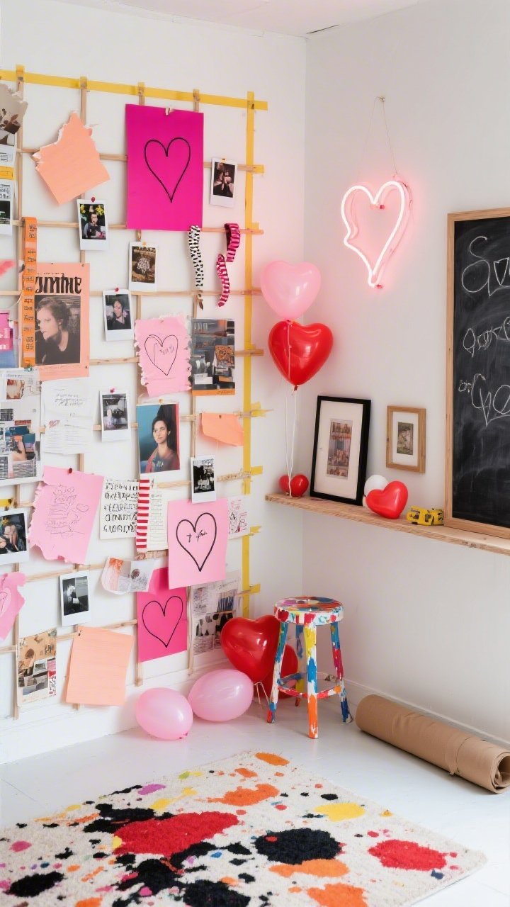 Overhead/detail-plus angle of a creative corner: Artsy collage wall built from a painter’s tape grid filled with zine clippings, Polaroids, torn pink papers, washi tapes, and doodled hearts—layered and slightly messy like a sketchbook. A small neon squiggle heart mounted off to one side. Assorted mini heart balloons at different depths add dimension. Skinny gallery ledge with mismatched frames; color-splashed stool nearby; paint-splatter rug underfoot. Chalkboard or kraft roll ready for guest doodles. Color palette: fuchsia, coral, salmon, tomato red, ink black. Textures: paper, matte balloons, raw canvas, plywood. Bright, studio-like lighting. Photorealistic.