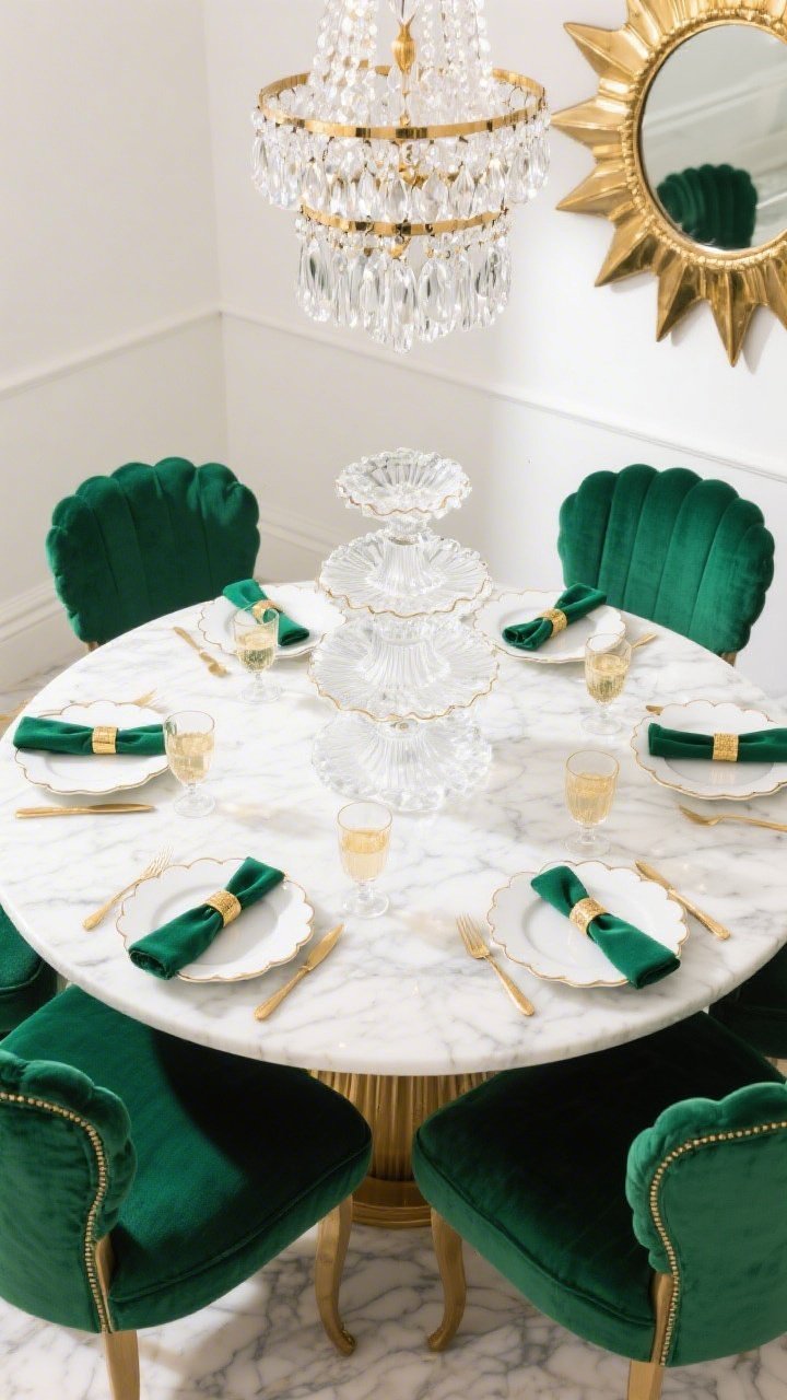 Overhead detail shot: A round white marble tabletop surrounded by emerald velvet tub chairs with scalloped backs just peeking into frame. Place settings include white scalloped plates, gold-rimmed glassware, and emerald velvet napkin rings. Reflections of a tiered glass chandelier sparkle on the marble surface, with a hint of an antique gold starburst mirror on the wall edge. Glossy Deco glam mood, mirror and glass shine, emerald, white, marble, and antique gold palette. Clean, crisp lighting with champagne-like sparkle.