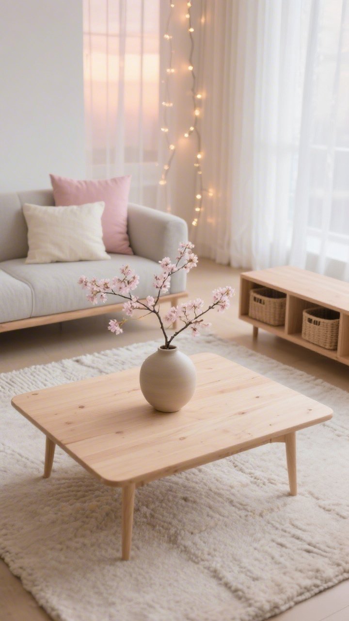Overhead detail shot of the coffee table vignette and surrounding softness: Pale wood coffee table centered with a single smooth ceramic vase holding a branch of cherry blossoms; edges of a light-gray or oatmeal sofa with solid blush cushions and a cream lumbar visible at frame periphery; sheer curtains behind with delicate string lights glowing softly like sunrise; neutral wool flatweave rug and hints of a low bench console with hidden storage baskets; palette of blush, oatmeal, pale wood, and cloud white; textures of linen, ceramic, rice paper glow, and light oak; photorealistic, serene minimalist Zen mood.