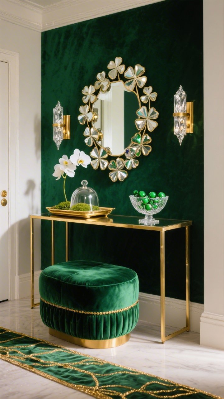 Photorealistic closeup/detail shot at a slight angle of a glam gold-and-green entry vignette: high-gloss deep emerald backdrop behind a slim mirrored console; on the console, a gold tray with a mini cloche of moss, a crystal bowl filled with green glass marbles, and a single white orchid; above, a faceted mirror and a clustered arrangement of mirrored clovers as wall art; in the foreground, a jewel-toned green velvet ottoman; a runner with metallic gold threads catching light; materials emphasized: velvet, mirror, crystal, aged gold; lighting: crystal flush mount or slim brass sconces producing sparkling highlights and elegant reflections.