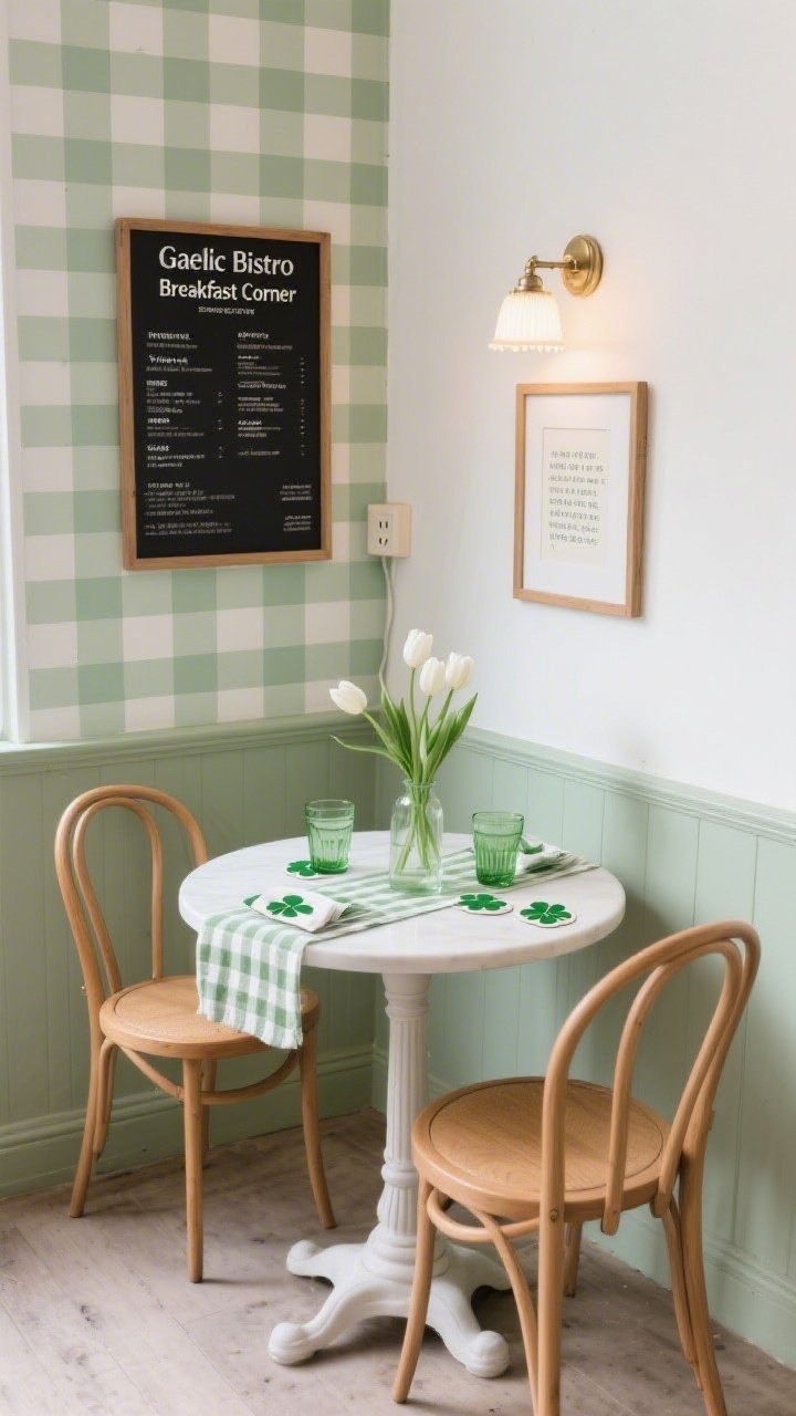 Photorealistic corner-angle medium shot of a “Gaelic Bistro Breakfast Corner”: peel-and-stick checkered backdrop in soft sage and white on two converging walls, petite round bistro table with pedestal base and two bentwood chairs in natural wood, linen runner on tabletop, a bud vase of white tulips, vintage-style green glass tumblers, gingham napkins, shamrock-shaped coasters, a matte-black café menu board on the wall, a plug-in sconce-style lamp adding warm ambient light, a framed Irish proverb leaning casually on a ledge; palette of sage, natural wood, milky white, and clear green glass, airy café feel, no people.