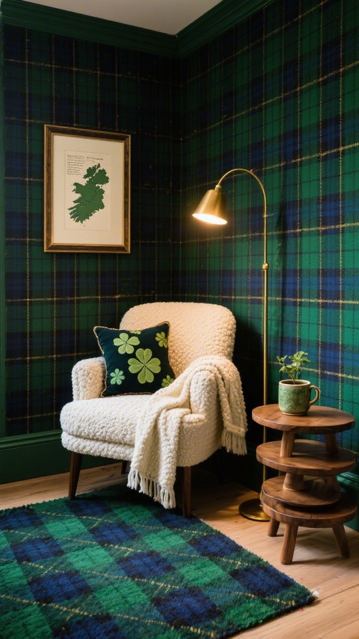 Photorealistic cozy reading niche, corner-angle medium shot: walls wrapped in peel-and-stick tartan backdrop featuring deep green, navy, and a fine gold pinstripe; low-slung slipper chair upholstered in cream boucle with a draped throw; slim arc floor lamp providing dramatic, warm task lighting; stacked wood nesting tables holding a ceramic mug in moss glaze and a tiny plant; narrow picture light above a single framed poem or map of Ireland, casting a library vibe; herringbone rug underfoot, clover-embroidered pillow on the chair; palette Highland green, navy, cream boucle, antique brass; no people.