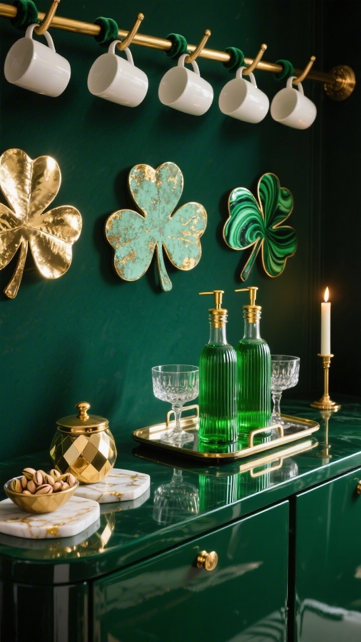 Photorealistic detail closeup, low-angled glamour: a Glam Gold-and-Green Gallery Bar atop a deep forest green glossy lacquer cabinet. On a smoked-mirror tray, tall ribbed glass bottles of jewel-toned green syrups with gold pumps, flanked by elegant crystal coupe glasses. An open brass gallery rail above features emerald velvet-wrapped hooks holding white bone china mugs. On the wall, a trio of metallic foil shamrock prints—soft gold, verdigris, malachite swirl—catches the light. Foreground accents include a faceted gold sugar canister, marble coasters with gold veining, and a tiny bowl of pistachios. Dim ambient light with a slender brass taper candle aglow, creating luxe reflections and rich shadows.