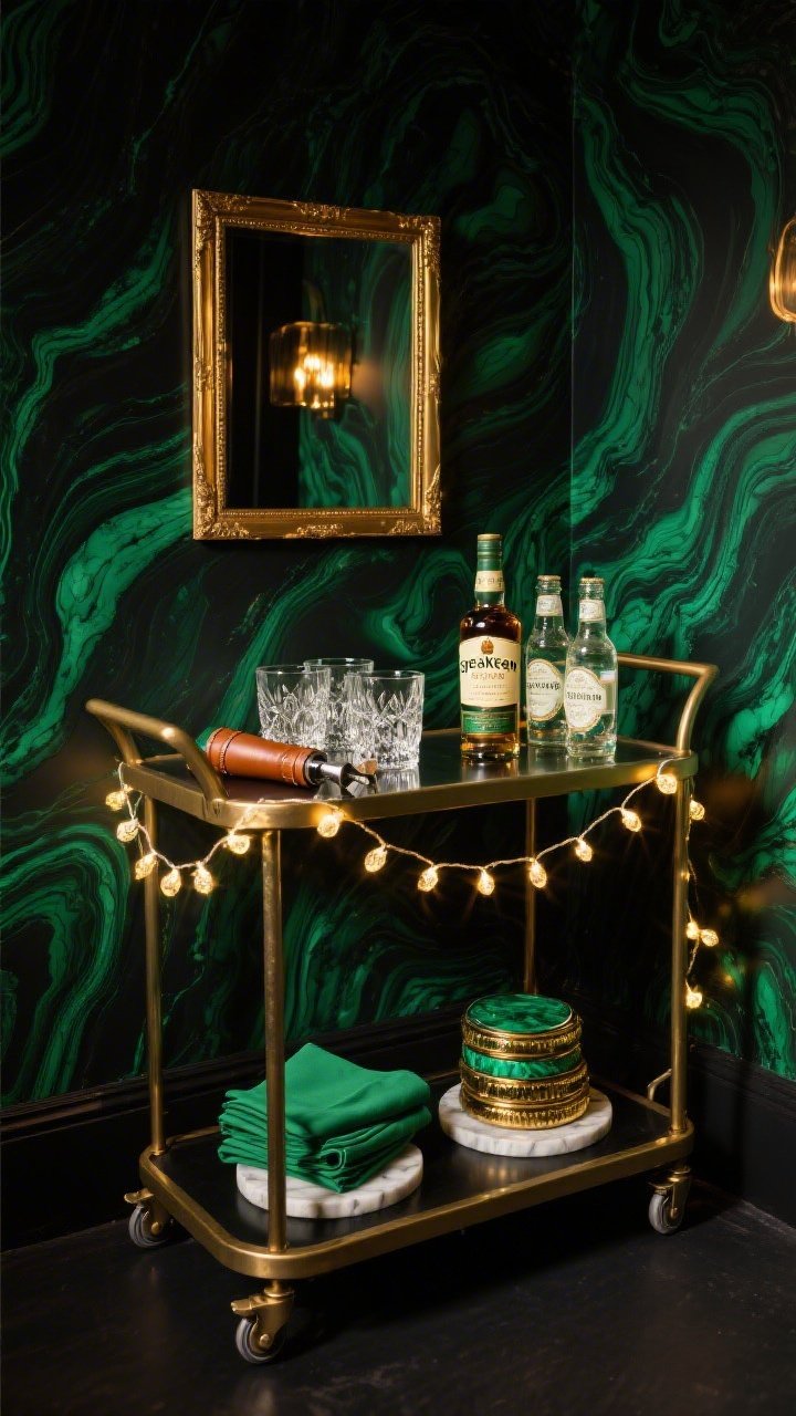 Photorealistic detail closeup of a “Speakeasy Green Bar Cart Corner,” three-quarter angle: peel-and-stick dark malachite swirl backdrop behind a compact rolling bar cart; cart styled with cut crystal glasses, a bottle of Irish whiskey, sparkling water in vintage-style bottles; short strand of warm fairy lights draped subtly along the cart’s edge; a small gold-framed mirror above reflecting the glow; leather-wrapped bottle opener, green linen cocktail napkins folded neatly, marble coasters stacked; palette malachite, gold, smoked glass, inky black; glam, mischievous nightlife vibe, no people.