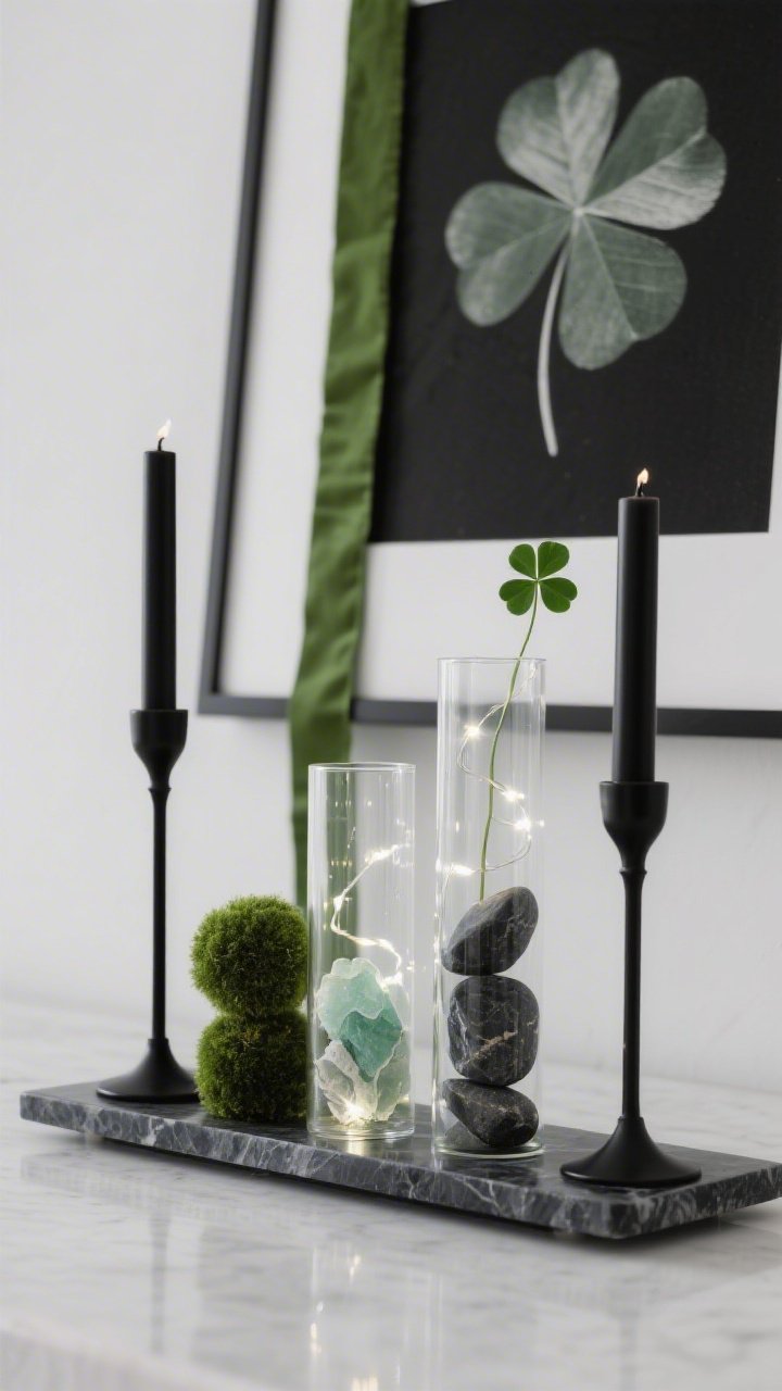 Photorealistic detail closeup, straight-on crop on a minimalist monochrome vignette: matte black candlesticks on a skinny charcoal marble tray; three tall clear glass cylinders, each distinct—one filled with smooth moss balls, one with sea glass, one with dark river stones topped by a single shamrock stem; cool-white fairy lights threaded inside cylinders creating an inner glow; an oversized thin-framed black-and-white clover photograph leaning behind; a narrow green silk ribbon tied on one candle. Color palette: forest and bottle greens, black, clear glass. Textures: glass, stone, matte metal, soft moss. Cool, crisp lighting.