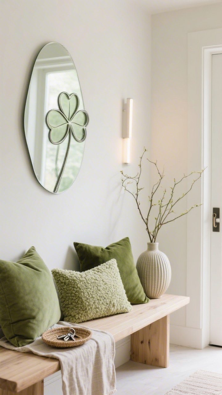 Photorealistic detail closeup, straight-on, focusing on layered green textures in an airy minimalist entry: soft ivory wall with a thin-edged leaning mirror reflecting light; pale oak bench topped with a linen runner; cushions in muted greens—pistachio, olive, matcha—with a bouclé pillow front-and-center; a ribbed ceramic vase holding tall branches; a jute tray for keys; a refined brushed-metal sculptural clover outline on the wall; palette: ivory, oat, pale oak, whisper green; lighting: discreet picture light or slim LED sconce creating soft, even illumination and gentle shadowing on textures.