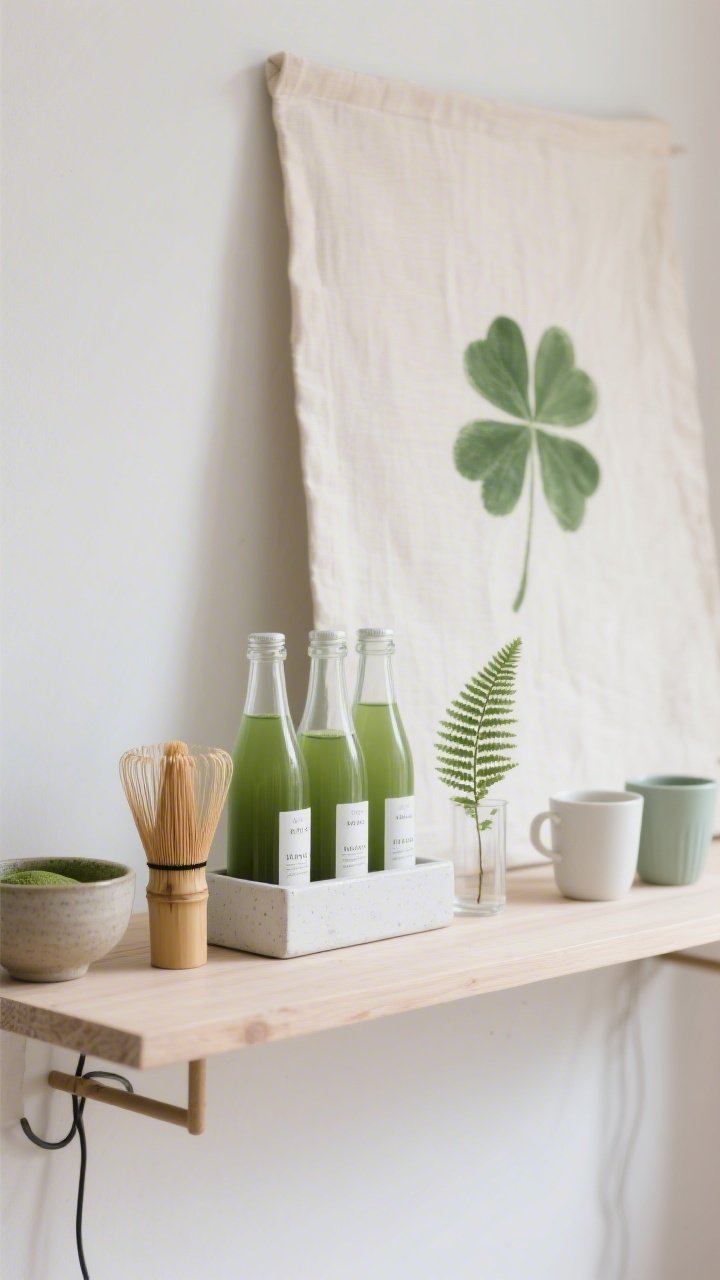 Photorealistic detail closeup, straight-on minimal composition: a Minimalist Matcha Atelier vignette on a pale oak floating shelf. Three slim frosted bottles of green syrups with minimalist labels sit clustered in a white concrete caddy. Nearby, a bamboo whisk and matcha bowl, a small stoneware sugar jar, and a single fern frond in a glass tube. To the side, two matte porcelain mugs—soft white and celadon—rest on a narrow rail. In the background, an oversized linen canvas featuring a single sage brushstroke clover with generous negative space. Clean lines, hidden cords, soft natural light with gentle highlights on matte textures.