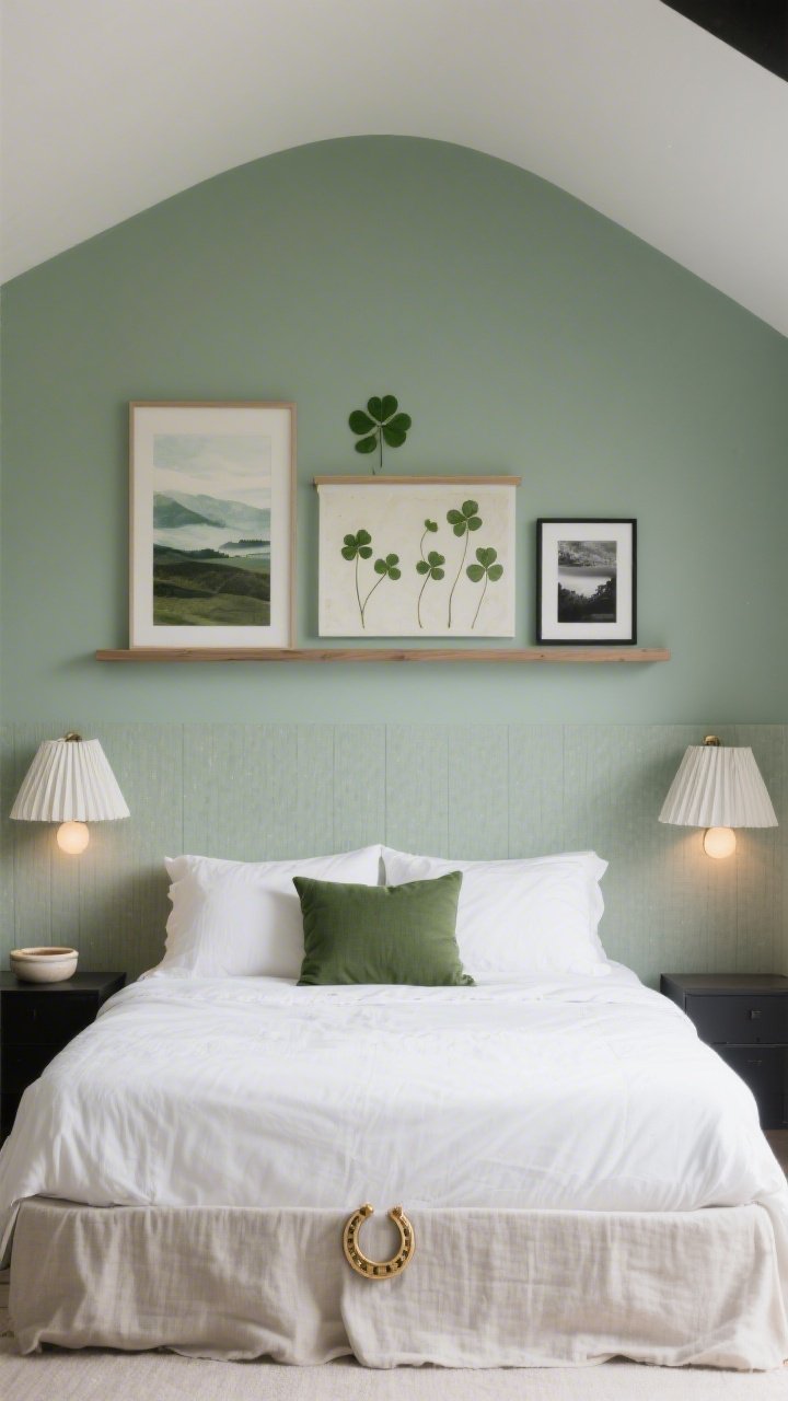 Photorealistic intimate medium shot of a “Lucky Lofted Bedroom Ledge,” straight-on from foot of bed: peel-and-stick linen-texture backdrop in misty green forming a soft halo above the headboard; two narrow picture ledges floating across the upper edge, styled with layered art—abstract landscapes, pressed clovers, and black-and-white photos; pleated bedside sconces on either side casting warm, calm light; crisp white bedding with a single hunter-green lumbar pillow; ceramic bedside catchall, linen bedskirt, tiny brass-framed horseshoe charm; palette mist green, cloud white, matte black accents; serene, sleep-friendly mood, no people.