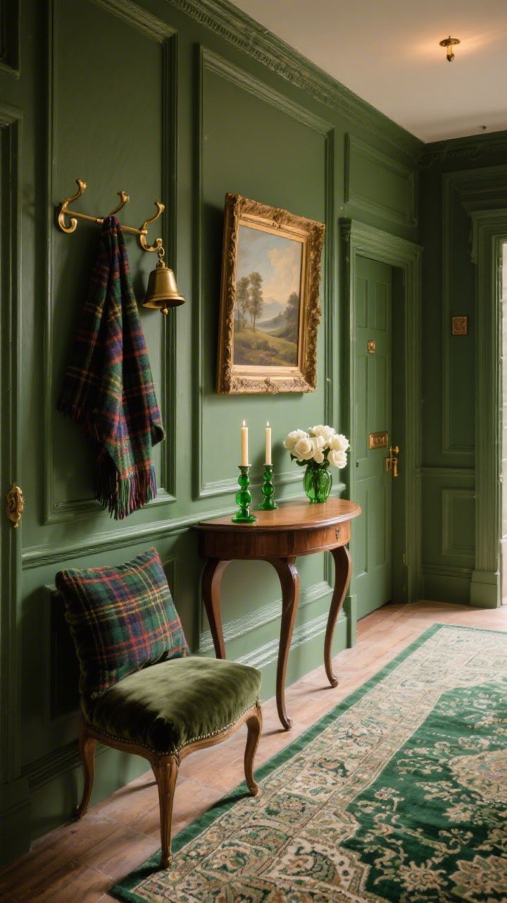Photorealistic medium shot at a slight angle of a heritage hallway with picture-frame molding/paneling painted deep hunter green; a hook rail displays a draped tartan scarf and small brass bells that would chime with the door; beneath a traditional oil portrait or landscape print sits a walnut console with curved legs; green glass holders with taper candles flank a small vase of white roses; the floor shows a Persian-style rug with subtle emerald hints; materials: tartan, wool, velvet cushion, aged brass/antique bronze hardware; lighting: warm, classic ambient light with gentle highlights on the brass.