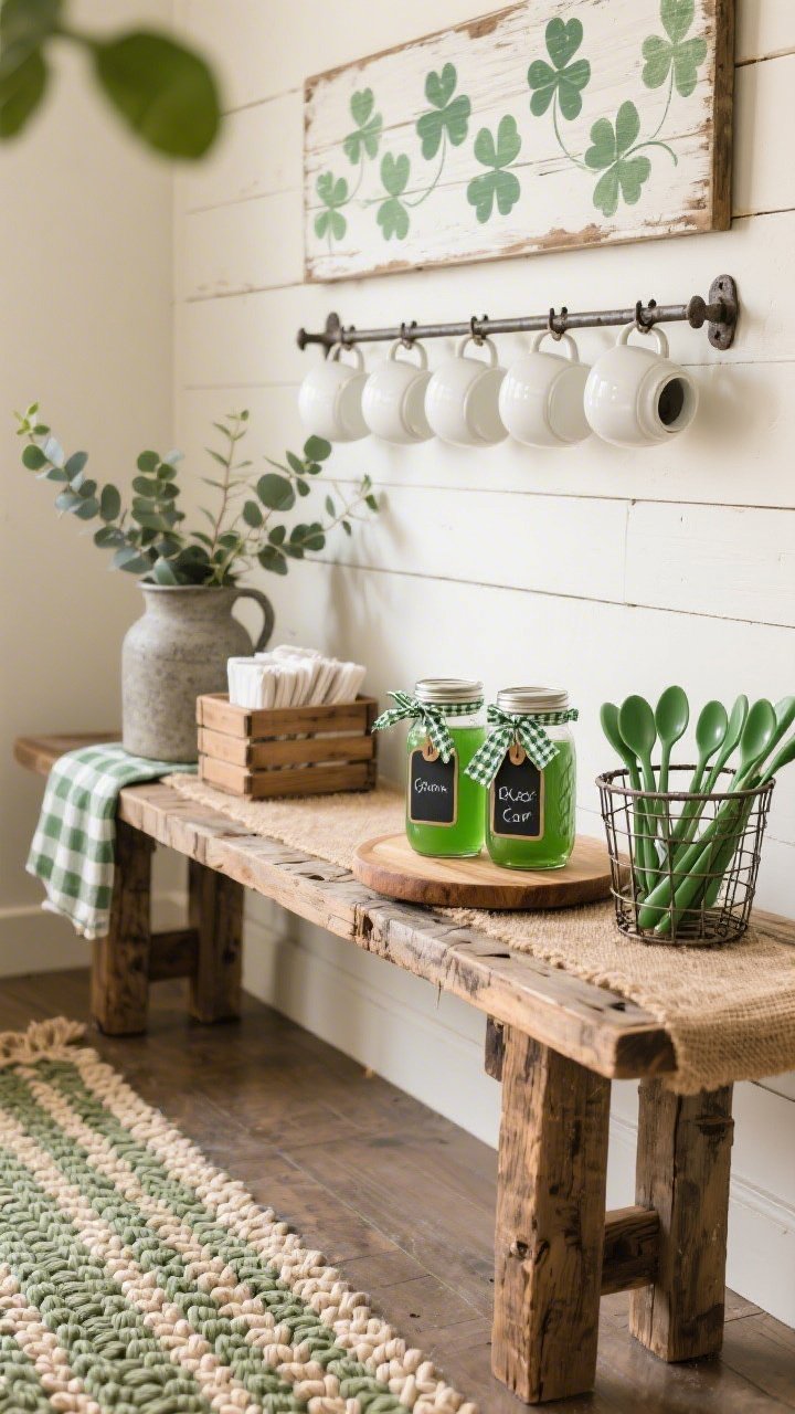 Photorealistic medium shot from a cozy side angle: a Rustic Farmhouse Clover Bench coffee bar on a chunky reclaimed-wood console with visible grain and a soft jute runner. Mason jars filled with green syrups sit on a round breadboard, each with chalkboard tags tied in gingham ribbon. Above, an iron wall rack holds white enamel mugs; below, a wire basket piled with green-handled spoons. A hand-painted shiplap sign shows layered clovers with faded, weathered edges. Eucalyptus stems in a stone jug, a mini wood crate of napkins, and a check tea towel add texture. Underfoot, a braided rug in olive and cream peeks into frame. Warm, natural farmhouse light.