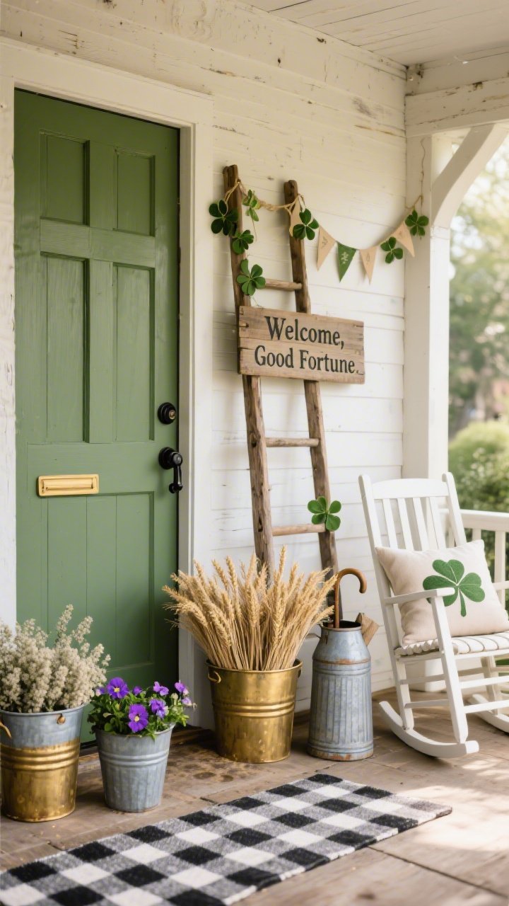Photorealistic medium shot from a gentle corner angle capturing farmhouse warmth; hunter green crossbuck door with a simple black lever handle; gold-painted galvanized bucket planters brimming with dusty miller, cheerful pansies, and faux wheat stalks; buffalo-check runner in black and white along the porch; rustic wood ladder against the wall hung with clover bunting; milk-can umbrella stand nearby; white slatted rocking chair with a shamrock throw pillow; reclaimed wood sign reading “Welcome, Good Fortune”; soft morning light, slightly weathered wood textures, cozy and grounded mood.