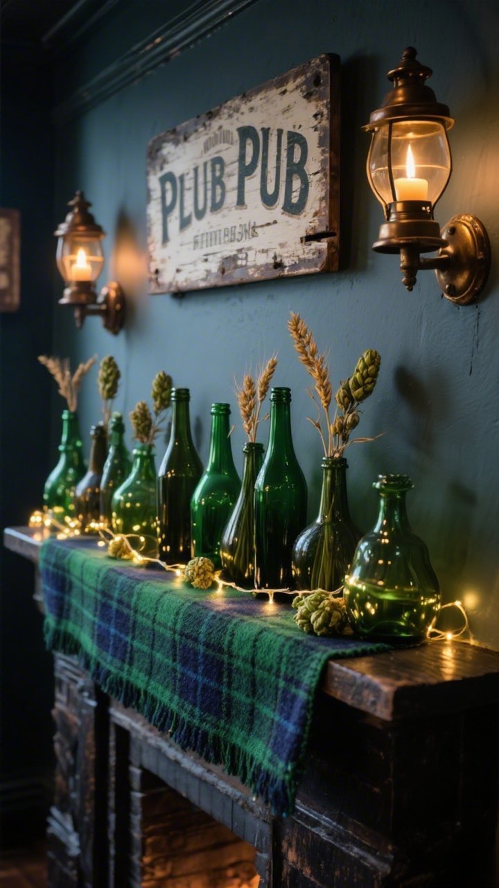 Photorealistic medium shot from a low, moody corner angle of a vintage pub-inspired mantel: tartan wool runner in hunter green and navy; clustered vintage emerald and olive glass bottles in varied shapes, some holding dried hops or wheat stems; a warm fairy light string draped low across bottles casting golden reflections; a distressed pub sign mounted above; flanking oil-rubbed bronze sconces or candle lanterns. Color palette: hunter, bottle green, navy, brass-bronze. Textures: wool plaid, aged glass, dark metal. Dim evening ambiance with warm glow.