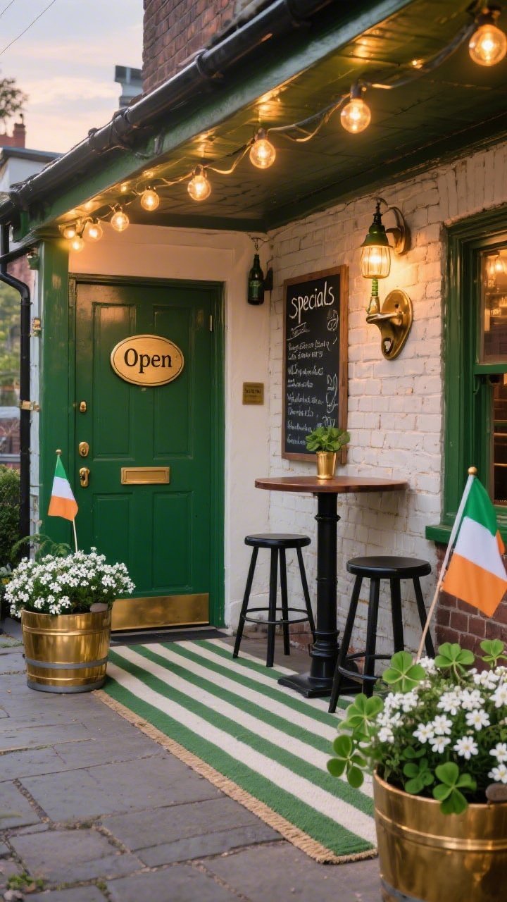Photorealistic medium shot, Irish pub-inspired porch straight-on; bottle-green door with a vintage brass door pull and an oval “Open” plaque; gold barrel-style planters overflowing with frothy white alyssum and tufts of shamrock oxalis; black high pub table with two stools to one side; wall-mounted metal bottle opener nearby; chalkboard sign listing playful “specials” leaning against brick; green-and-cream striped outdoor runner underfoot; warm globe string lights draped across eaves creating inviting pub glow; subtle mini Irish flags tucked into planters; early evening scene with warm reflections on brass.
