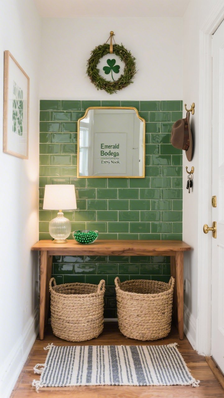 Photorealistic medium shot of a tiny apartment entryway styled as an “Emerald Bodega Entry Nook,” straight-on view: peel-and-stick emerald subway tile backdrop behind a slim oak-toned console table, two woven baskets tucked beneath, a brass-framed mirror centered above reflecting soft daylight, a frosted glass lamp on the console casting a creamy white glow, a small bowl of green glass beads for sparkle, striped runner rug on the floor, mini shamrock wreath hung on a command hook, and a peel-and-stick hook rail for keys and hats; palette of emerald, warm oak, brushed brass, and creamy white, crisp and curated vibe, no people.