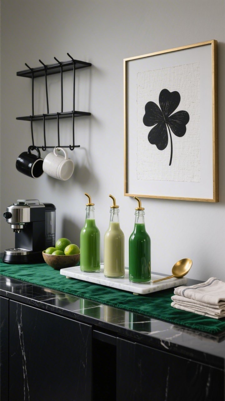 Photorealistic medium shot, straight-on: a sleek Emerald Modern Luxe coffee nook on a matte black console with a velvet emerald runner. Centered on a slim white marble tray, three uniform glass bottles of green syrups—matcha mint, pistachio, Irish cream—each with brass pour spouts. To the left, a compact espresso machine; to the right, a neat stack of linen napkins and a gold coffee scoop. Above, a staggered black metal peg rack holding stoneware mugs in black, white, and emerald. On the wall, a thin-brass-framed abstract clover print in black ink on textured white paper. A low bowl of limes adds color. Symmetrical composition, moody modern lighting with soft shadows and subtle reflections.