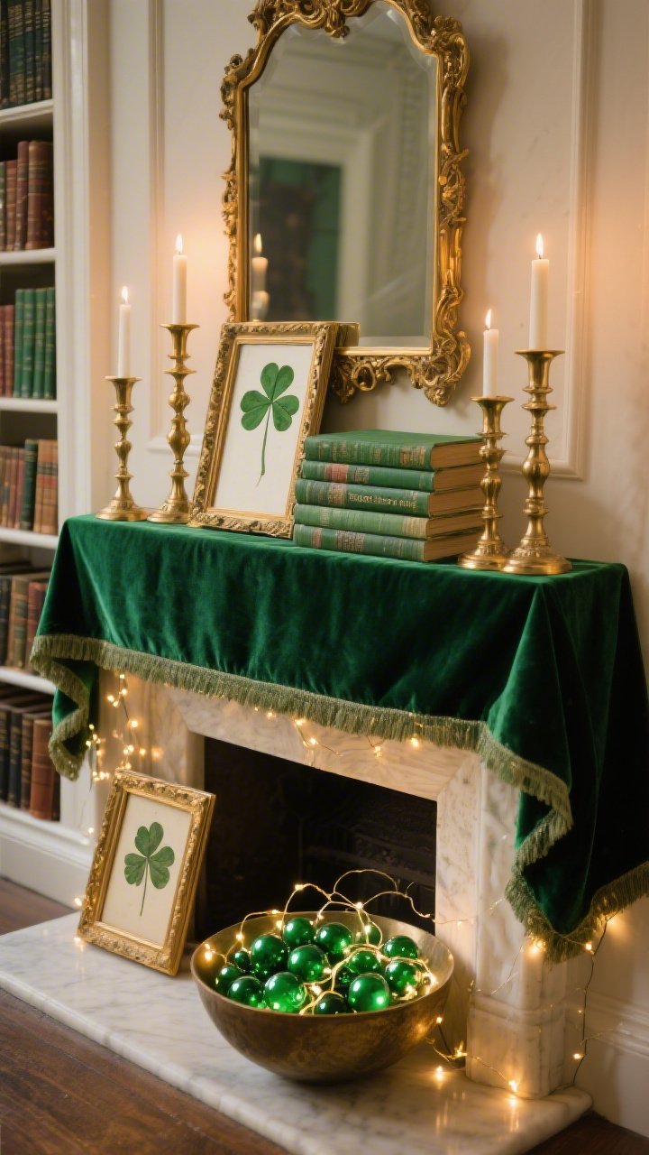 Photorealistic medium shot, straight-on mantel styled as “Emerald Library Glam”: deep emerald velvet runner draped edge to edge; stacked vintage books with green cloth spines both vertical and horizontal; antique brass candlesticks in staggered heights with a warm micro-strand of fairy lights glowing at their bases; pressed clover prints in thin brass frames leaning against an ornate gold-framed mirror; low bowl of green glass marbles with fairy lights woven through for jewel-like sparkle. Color palette: emerald, moss, brass, cream. Textures: velvet, aged paper, patinaed metal. Warm, evening interior lighting.