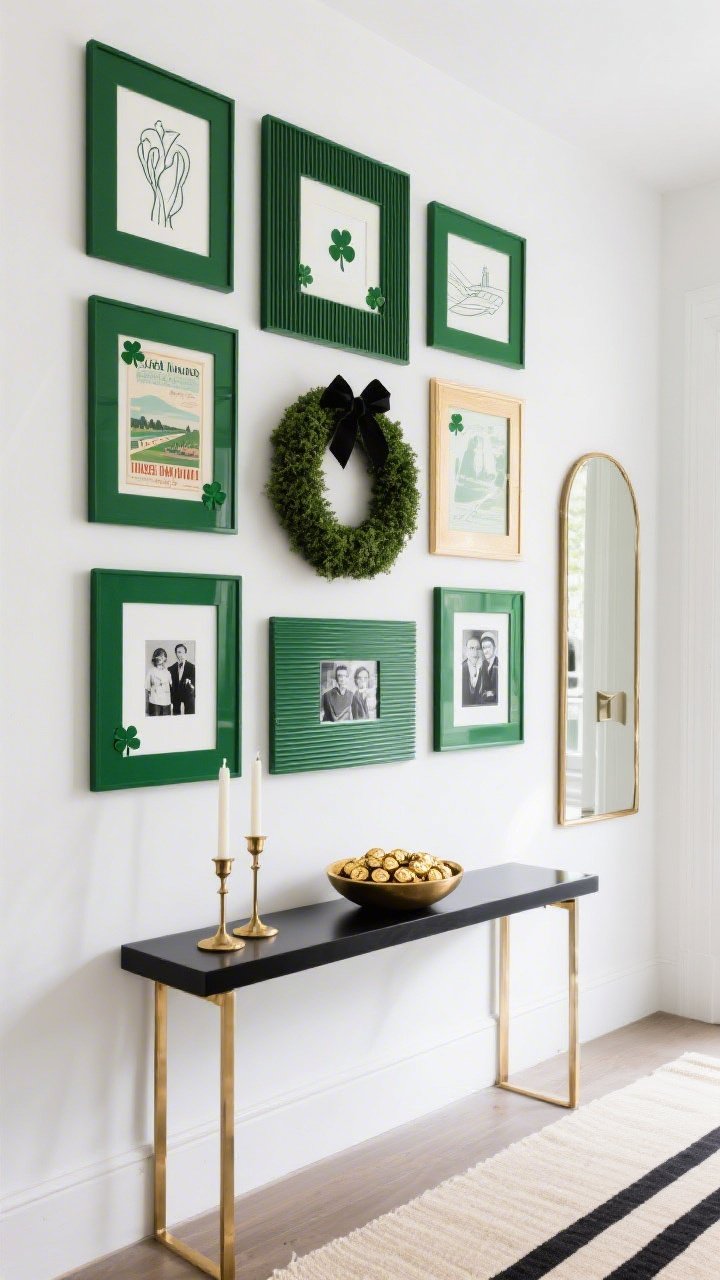 Photorealistic medium shot, straight-on view of a modern emerald gallery wall on a crisp white entryway, featuring a symmetrical grid of emerald frames in mixed finishes (lacquer, matte, ribbed trim) filled with minimalist line art, vintage Irish travel posters, and black-and-white family photos each with a tiny clover sticker in the corner; below, a narrow black console holds a pair of brass candlesticks and a low round bowl overflowing with gold chocolate coins; a thin brass mirror hangs to one side to bounce light; a cream-and-charcoal striped runner grounds the scene; finishing touch: a single boxwood wreath with a black bow; palette: emerald, white, black, brushed gold; lighting: bright natural daylight with soft reflections in brass.