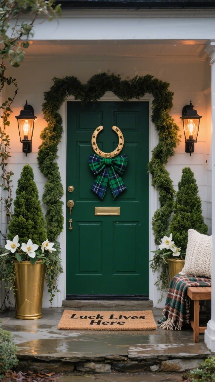 Photorealistic medium shot, straight-on view of a deep emerald front door framed with a lush boxwood garland and oversized tartan bows in hunter green and navy; tall gold planters on both sides hold dwarf boxwood cones, with white hellebores and trailing ivy softening the edges; jute doormat stamped “Luck Lives Here” centered; above the knocker, a brass horseshoe mounted upward; classic black carriage sconces with warm Edison bulbs casting a cozy amber glow; to the side, a small teak bench draped with a plaid wool throw and a cream knit pillow; evening ambiance, slight moisture on stone porch for realism, crisp textures of boxwood and jute highlighted.