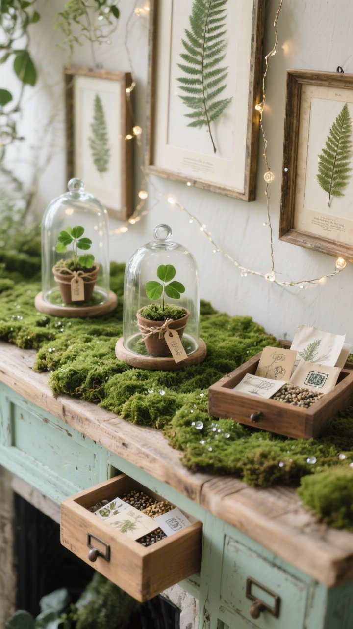 Photorealistic overhead detail shot of a botanical workshop mantel surface: lush sheet moss as a soft carpet; glass cloche domes over tiny potted clovers with vintage specimen tags tied in twine; floating frames with pressed fern fronds staggered at varying heights in frame; dewdrop fairy lights woven through moss like morning dew; a small wooden apothecary drawer set filled with seed packets and botanical stamps. Color palette: moss, celadon, cream, weathered wood. Textures: moss, glass domes, raw wood, paper. Soft natural daylight with gentle sparkle.
