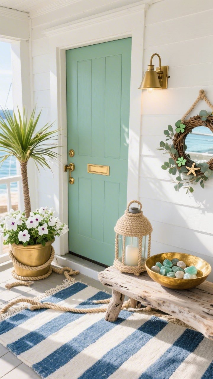 Photorealistic overhead detail shot of a coastal porch vignette; sea-glass green door edge with brushed brass hardware at top of frame; tapered gold planter with a dwarf palm and white petunias in crisp bloom; rope accents arranged artfully: coiled rope doorstop, jute lantern, and a round rope mirror partially visible; stripey blue-and-cream outdoor rug providing nautical stripes beneath; driftwood side table holding a bowl of polished “gold” stones; eucalyptus wreath with tiny starfish and clover charms peeking in; brass bulkhead sconce casting soft marina-style light; airy, sunlit coastal breeze mood.