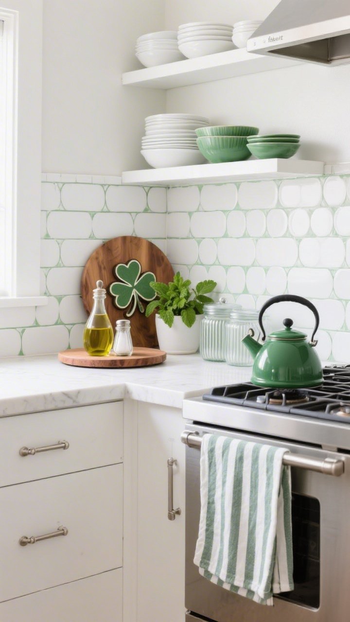 Photorealistic straight-on kitchen vignette, medium shot: peel-and-stick white penny tile backdrop with subtle green grout lines behind a countertop and single open shelf; shelf lined with everyday white dishes plus a few green-toned bowls and a small potted mint herb; countertop styled on a round warm-wood board holding olive oil, a salt cellar, and a shamrock-shaped trivet; striped tea towels draped nearby, matte-green kettle on the stove edge, ribbed glass canisters; brushed nickel hardware; bright, clean daylight emphasizing “fake-it” custom look; no people.