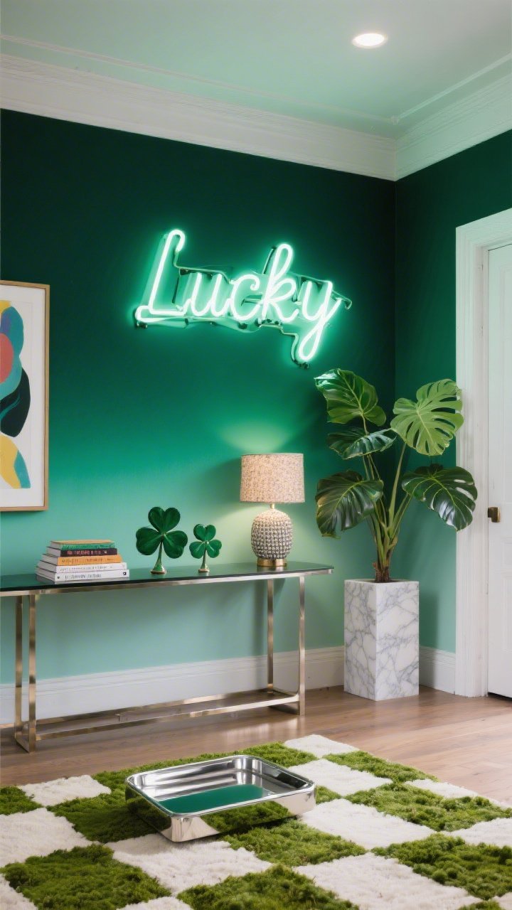 Photorealistic straight-on medium shot of a dramatic green ombre entry wall fading from deep forest green at the floor to mint at the ceiling; a warm-white neon “Lucky” sign floats above a sleek console styled with stacked art books, quirky ceramic clovers, and a chunky textured lamp; to the side, a marble pedestal elevates a leafy monstera plant; on the floor, a high-contrast moss-and-ivory checkerboard rug; metal accents include a polished chrome tray and sleek frame edges on abstract art that echo the ombre tones; lighting: neon sign glow plus soft ambient room light for a bold, party-energy mood.