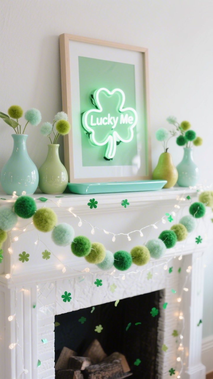 Photorealistic straight-on medium shot of a playful pastel mantel: glossy mint enamel tray as base; pastel ceramic bud vases in mint, pistachio, and pear clustered; chunky felt ball garlands in candy greens draped across; scattered acrylic shamrock confetti for shine; a neon-style shamrock light centered as focal point; cool-white fairy lights loosely woven along the garland for sparkle; framed cheeky green typographic print (“Lucky Me”) leaning slightly off-center. Color palette: mint, lime, pistachio, white. Textures: glossy ceramic, felt, acrylic, neon glow. Bright, crisp lighting with cool highlights.