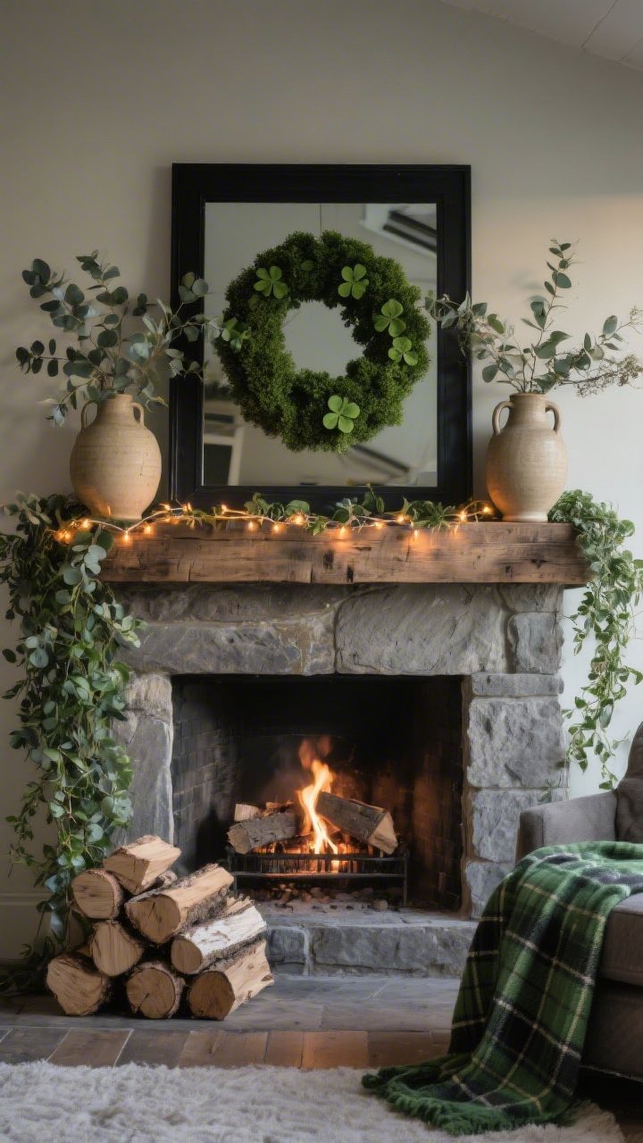 Photorealistic wide hearth scene, straight-on, rustic retreat mood: rough-hewn wood board as mantel topper; chunky stoneware jugs in oatmeal tones flanking trailing faux ivy and eucalyptus spilling naturally; large black-framed mirror centered with a lush boxwood clover wreath; a strand of amber fairy lights coiled through the wreath and along the ivy for ember-like warmth; on the hearth, a neat stack of split firewood and a green plaid throw casually draped nearby. Color palette: olive, boxwood, taupe, charcoal. Textures: rough wood, stoneware, dense greenery. Warm, cozy evening lighting.