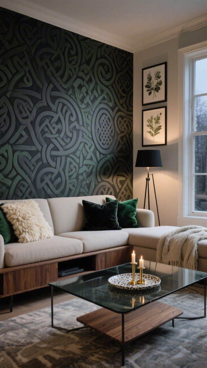 Photorealistic wide living room shot of a “Modern Celtic Living Room Wall,” straight-on view: one statement wall covered in peel-and-stick Celtic knot pattern in charcoal and deep forest behind a neutral sofa; sofa dressed with chunky cream throws and velvet pillows in emerald and black; sleek smoked-glass coffee table centered; low-profile walnut media console on adjacent wall; black metal floor lamp, terrazzo tray with brass candleholders on the table, and a trio of framed botanical prints; balanced moody atmosphere with soft evening window light; palette forest, charcoal, cream, walnut; no people.