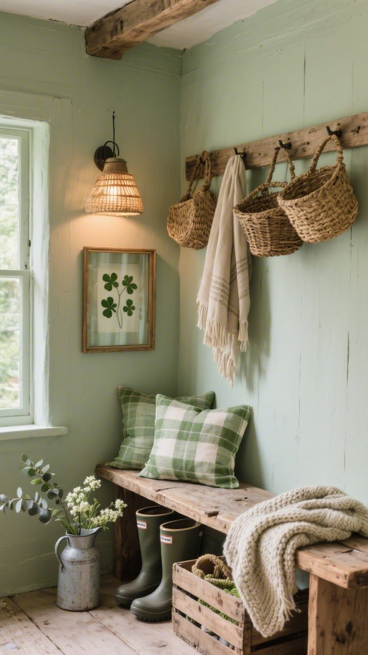 Photorealistic wide room shot from a corner angle of a rustic cottage nook painted soft sage, with a wooden coat rack layered with woven baskets and oatmeal-toned scarves; glass floating frames display pressed four-leaf clovers; a distressed wooden bench sits beneath with green-and-cream plaid cushions, a chunky knit throw, and a crate of rain boots tucked under; a vintage milk jug holds baby’s breath and eucalyptus; textures visible: woven reeds, linen, knit, weathered oak; lighting: warm glow from a rattan pendant or lantern sconce casting cozy highlights; palette: sage, cream, warm wood, moss.