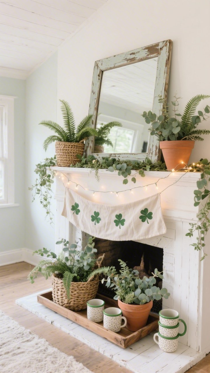 Photorealistic wide room shot from a slight corner angle of a bright, airy cottage mantel: a whitewashed wood tray anchoring terra-cotta pots and woven seagrass baskets filled with faux ferns, ivy, and eucalyptus in mixed sage and olive tones; a thin fairy light garland threaded through foliage for soft dusk twinkle; a chippy farmhouse mirror centered; a simple linen banner stamped with tiny shamrocks draped across the front; small stack of speckled ceramic mugs with green rims on one end. Color palette: sage, olive, ivory, natural rattan. Textures: linen, seagrass, terra-cotta, leafy greens. Soft natural daylight transitioning to warm twinkle.