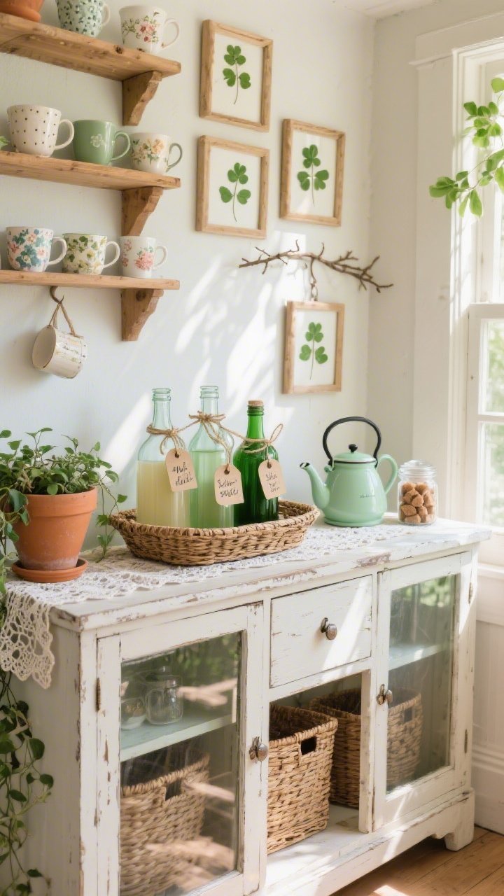 Photorealistic wide room shot from a sunlit corner angle: a Whimsical Cottage Greenhouse coffee bar set on a distressed white buffet with glass-front doors, woven baskets tucked inside. On top, vintage apothecary bottles filled with pale, mid, and deep green syrups, tied with twine and hand-lettered tags, grouped on a wicker tray. Open pine shelves above show mismatched floral and hobnail mugs, plus a small hanging twig rack. A cluster of floating frames displays pressed clovers like a tiny botanical gallery. Terracotta pots with trailing ivy, a lace-edged runner, a pastel green kettle, and a jar of brown sugar cubes complete the scene. Soft daylight pours in, airy, gentle highlights and diffused shadows.