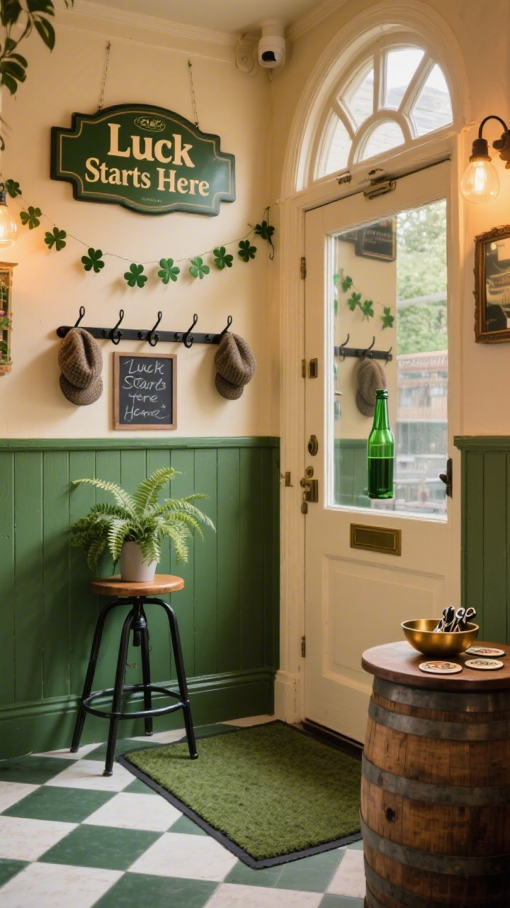 Photorealistic wide shot from a doorway perspective of a whimsical pub-inspired entry: half-height beadboard painted bottle green with warm cream wall above; a vintage-style Irish pub sign and a chalkboard reading “Luck Starts Here” with a subtle garland of mini shamrocks strung across; a black metal coat rack holds tweed caps; a pub stool doubles as a plant stand for a lush fern; a small barrel-style side table supports coasters and a brass bowl of keys; an arched mirror echoes old tavern windows; floor shows a checkered tile mat or moss-colored washable runner; lighting: warm, ambient pub-like glow.