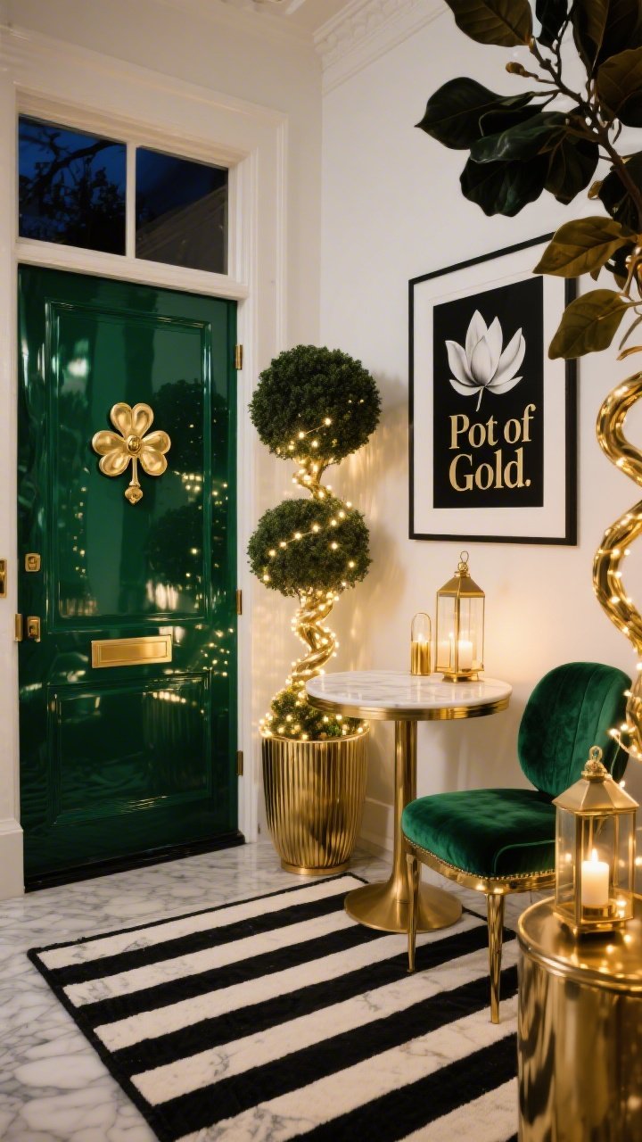 Photorealistic wide shot, glam scene straight-on; dark glossy malachite green door gleaming, with an oversized polished brass clover-shaped knocker; tall ribbed gold planters with spiral topiaries wrapped in micro fairy lights producing a twinkling effect; black-and-white striped rug grounding the entry; petite marble-topped bistro table with a green velvet cushion on a chair, and metallic gold candle lanterns flickering; layered metal mix of gold and polished brass throughout; lush dark glossy magnolia leaves used as accent greenery; framed black-and-white “Pot of Gold” print on the wall; nighttime setting with rich reflections and dramatic contrast.