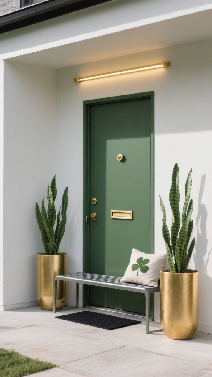 Photorealistic wide shot, minimalist porch captured from a slight corner angle; matte moss-green door with a minimal round brass knob and thin mail slot; pair of cylindrical gold planters flanking the door, each with tall architectural snake plants (sansevieria) upright and sculptural; slim black entry mat aligned precisely; powder-coated steel bench with clean lines holds a single linen shamrock pillow; palette strictly green, black, white, metallic gold; a linear LED bar above the door washes a soft gold light across the facade; sharp, modern shadows, no clutter, crisp geometry.