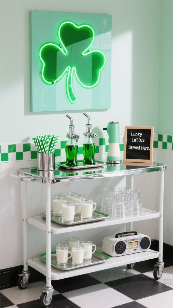 Photorealistic wide shot, straight-on: a Playful Retro Diner Green setup on a white metal utility cart with green checker stripe peel-and-stick accents on the shelves. On a mirrored tray, neon-bright green syrups in soda-fountain style bottles with chrome pumps, reflections doubling the glow. A two-tier chrome stand displays glossy milk-glass mugs and clear diner cups. Wall art: a pop-art shamrock print with thick outlines and punchy green-on-green gradients. Accents include green-and-white paper straws in a holder, striped napkins, and a small letterboard reading “Lucky Lattes Served Here.” A mint-green milk frother and a mini jukebox Bluetooth speaker add kitschy charm. Crisp, bright lighting like a diner, clean shadows.