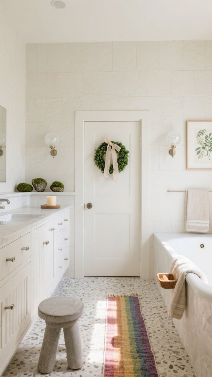 Spa-like bathroom, serene medium shot toward the tub: large-format ivory wall tiles and pale terrazzo floor; warm white oak vanity with fluted drawer fronts and brushed nickel hardware; above a soaking tub, a simple ledge displaying a trio of faux moss stones and a low-profile candle; on the door, a small emerald wreath with gauzy ribbon; a narrow sun-washed rainbow kilim runner adds soft color; frosted globe sconces and natural light create calm, diffused illumination; accents include linen bath sheets, a concrete stool, a cedar bath caddy, and a framed botanical print; photorealistic, no people.