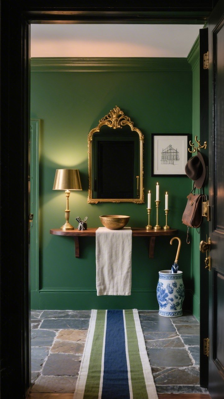 Straight-on medium shot, Dramatic Entryway Moment: hunter green foyer walls; slim dark-stained wood console floating above stone-tiled floor; linen runner on console; vignette with a vintage brass table lamp, low bowl for keys, and a trio of taper candles in mixed brass heights; antique gilded mirror centered above to bounce light; porcelain umbrella stand tucked beneath; aged-brass hooks for hats and bags; framed architectural sketch in black-and-brass frame; narrow runner on floor with olive, indigo, and ivory stripes; evening glow, polished yet welcoming; photorealistic.