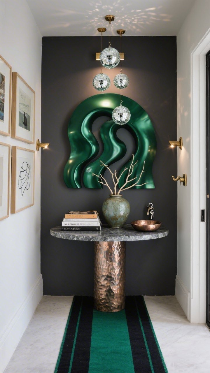 Studio-chic entryway, medium straight-on: a metallic green sculptural panel (arched/wavy) mounted against a matte charcoal wall; a pedestal console with polished stone top below. Three small disco balls hang like art objects under a focused pin-spot, casting subtle reflections. Gallery-style brass picture lights frame the scene; a narrow runner in black and deep green lines the floor. On the console: a stack of art books, a chunky ceramic vase with structural branches, and a hammered metal tray for keys; minimalist line art and sculptural coat hooks nearby. Textures: matte paint, hammered metal, polished stone, glass. Clean, curated lighting. Photorealistic.