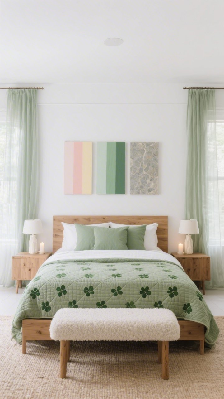 Wide bedroom shot, straight-on: crisp white walls, natural oak bed with sage green percale bedding; slim muted rainbow triptych above headboard (soft blush, moss, stone) with generous white space for a gallery-clean feel; quilt featuring micro shamrock quilting pattern visible only up close; fluted wood nightstands with petite alabaster lamps emitting candlelit warmth; double-layer curtains—gauzy sheer under sage blackout panels; bouclé bench at foot of bed and pale jute rug; soft morning light, serene and cloud-soft, photorealistic.