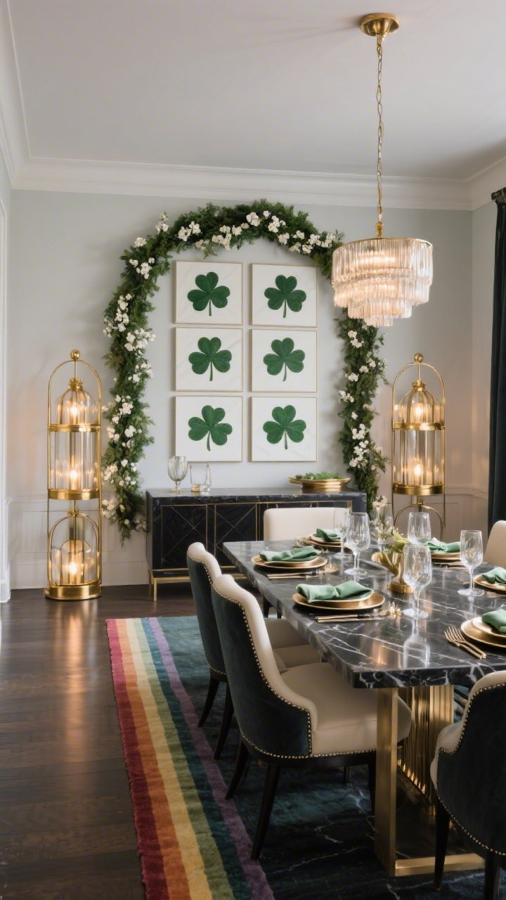 Wide dining room, elegant straight-on: modern glam scene with a dark wood or marble-topped dining table; buffet flanked by two tall gold lantern clusters mixing metallic finishes; cream or charcoal upholstered chairs; threshold crowned by a sleek green garland arch with delicate white blossoms; far wall displays shamrock decals arranged in a minimal grid like contemporary art; rainbow runner rug along the sideboard walkway guiding the eye; table set with metallic chargers, linen napkins, crystal glassware; emerald, cream, charcoal, and gold palette; dimmed chandelier allowing lantern glow to dominate; photorealistic.