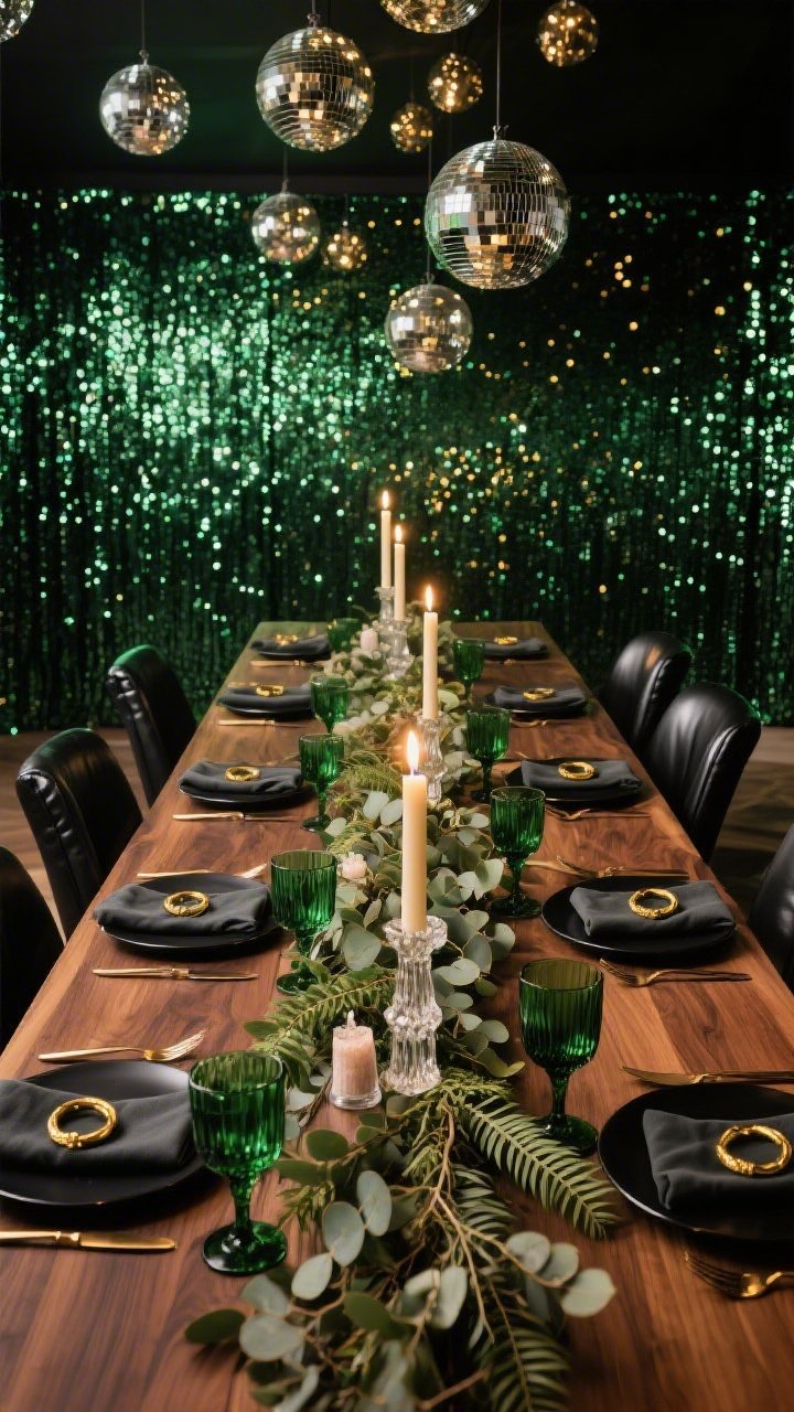 Wide dining room scene: a metallic green sequin wall glitters behind a long warm walnut dining table; a constellation of disco balls suspended above scatters light across matte black plates, gold flatware, and emerald glass goblets. Black leather dining chairs line the table; a lush runner of eucalyptus and ferns runs center. Tall taper candles, crystal salt cellars, and linen napkins with gold rings complete the table. Palette: metallic green, walnut, black, gold, deep green. Textures: sequins, wood grain, leather, glass. Evening candlelight mixed with disco sparkle, private supper club mood. Photorealistic, straight-on view.