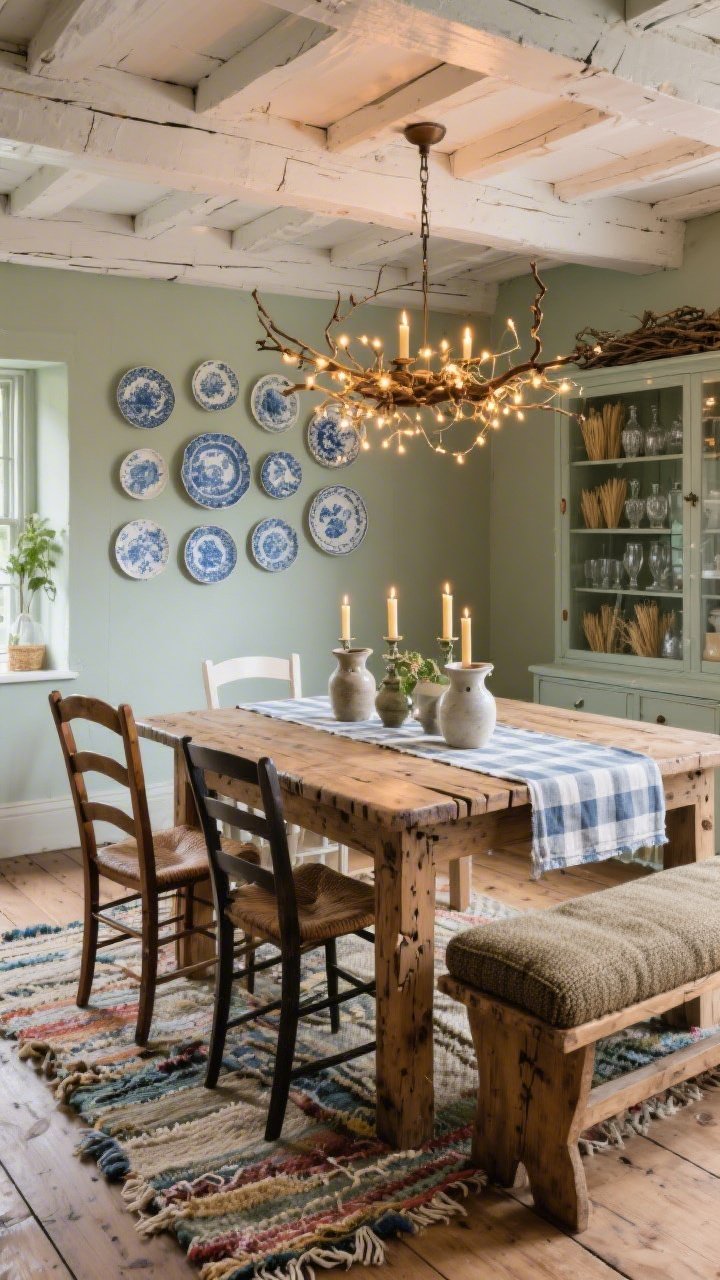 Wide dining room shot, slightly overhead three-quarter angle of “The Toast-And-Story Dining Room”: hefty reclaimed elm plank table with visible saw marks; mismatched chairs—two ladder-backs, one Windsor—and a tweed-cushioned bench; gingham runner with stoneware pitchers and beeswax tapers; limewashed walls in soft lichen; plate wall of mismatched blue-and-white dishes; exposed whitewashed beams; wide-plank oak floor with a hand-loomed rag rug; glass-front hutch filled with barley glass and Irish crystal; a foraged-branch chandelier wrapped in fairy lights glowing warmly; convivial evening ambiance, photorealistic.