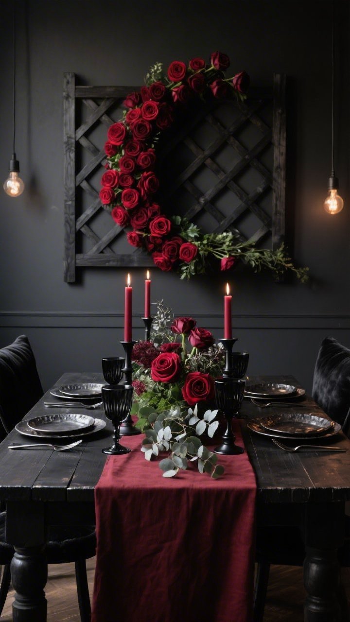 Wide dining room shot, straight-on with slight low angle: A moody noir space with charcoal walls, a black-stained farmhouse table set with matte black candlesticks holding burgundy tapers, smoked glass goblets, matte black flatware, hammered metal chargers, and a garnet linen runner. Behind the head of the table, a dark wood trellis features a high-impact sweeping crescent of crimson roses, wine-toned spray roses, inky greenery, and silver dollar eucalyptus. Lighting is dim with Edison bulbs and subtle pin lights grazing the blooms for dramatic highlights. Add a couple of black velvet chair cushions. Photorealistic, shadowy ambiance with rich contrast.