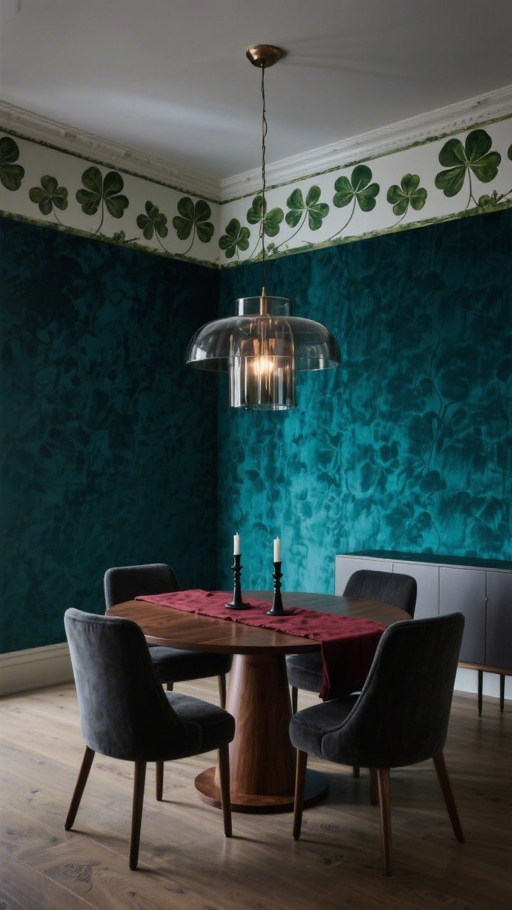 Wide dining room with moody jewel tones: lower two-thirds of the walls wrapped in rich teal temporary wallpaper with a velvet-like sheen; a narrow clover mural frieze runs near the ceiling as modern crown. Centered round walnut pedestal table under a smoked-glass chandelier casting warm, dim glow. Surround with charcoal slipcovered chairs; tabletop styled with a burgundy linen runner and matte black candlesticks kept low to let the clover frieze shine. Include a slim credenza along one wall. Dramatic, evening ambience.