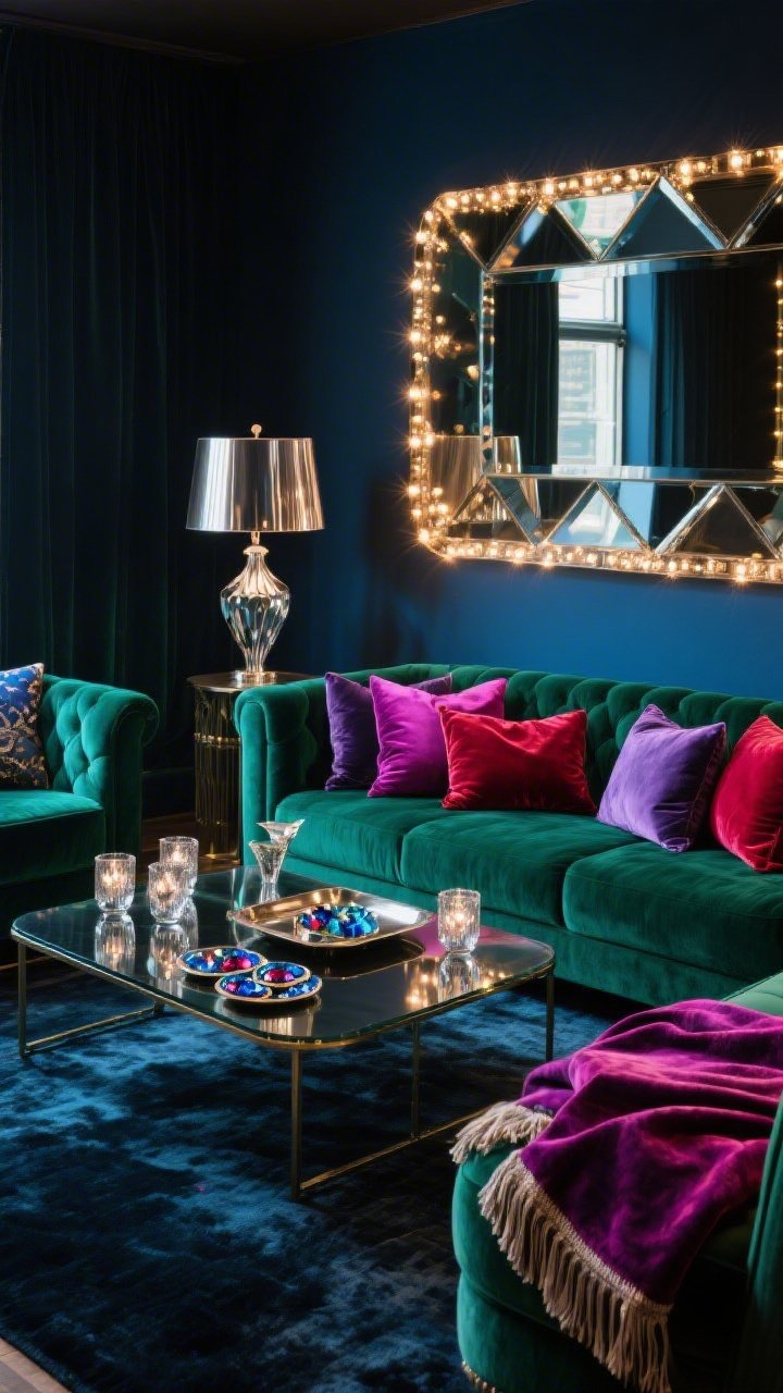 Wide, dramatic lounge scene, three-quarter angle: A deep emerald (or sapphire) velvet sofa layered with magenta, amethyst, and ruby velvet pillows; twinkle lights running along a large beveled mirror casting mirror-glow sparkles; mercury glass votives scattered on a smoked-glass coffee table; plush dark rug underfoot; sculptural floor lamp with a metallic shade; art deco tray with faceted coasters and a jewel-toned throw draped luxuriously; palette of emerald, sapphire, magenta, ruby, and antique silver; textures of velvet, mirrored glass, and silk fringe; photorealistic, glamorous cocktail-lounge atmosphere.