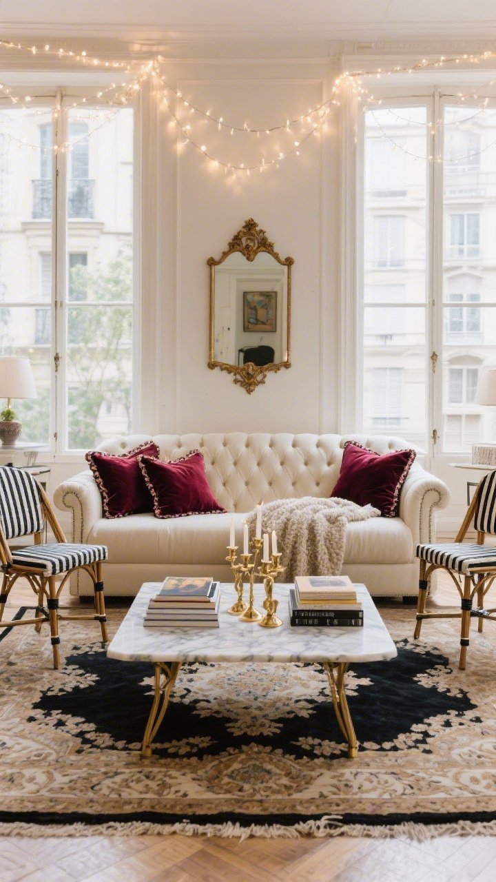 Wide, elegant living room shot, slightly off-center: A cream tufted sofa on an antique-style rug in soft neutrals; merlot and burgundy velvet pillows with embroidered edges; fairy string lights swagged above tall windows creating a gentle sparkle; two petite bistro-style accent chairs with striped cushions flanking a marble coffee table; the table styled with a stack of art books and a cluster of brass candlesticks; ornate mirror on the wall, boucle throw draped casually; palette of cream, merlot, champagne, with black accents; textures of velvet, linen, aged brass, and marble; photorealistic, refined Parisian ambiance.