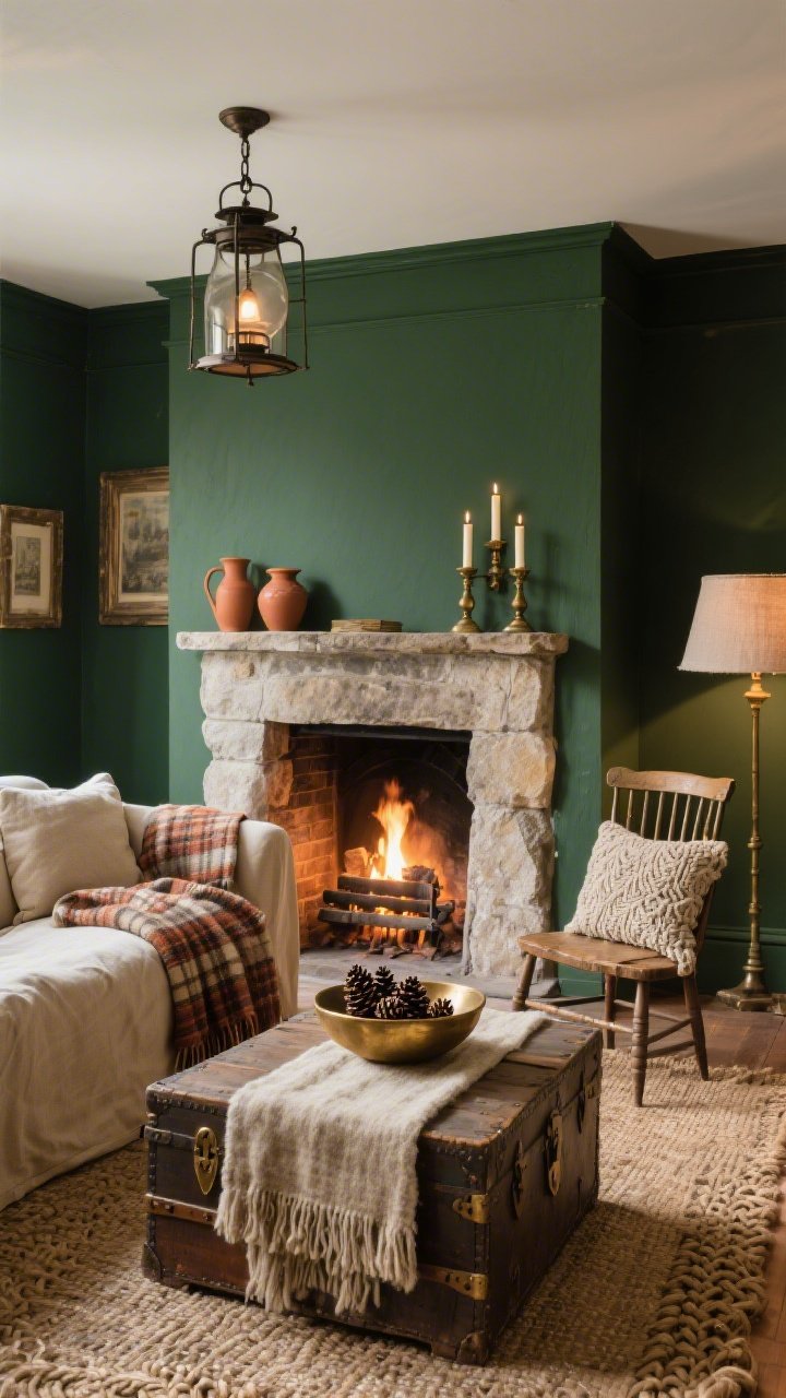 Wide hearth-focused shot, Rustic Hearth-Lit Living Room: deep laurel green walls and a chunky limestone hearth aglow; slipcovered sofa in oatmeal linen; weathered trunk-turned-coffee table layered with a wool runner and a brass bowl of pinecones; mantle styled with taper candles in old brass candlesticks, terracotta jugs, and vintage picture frames; plaid throw, braided jute rug, and a spindle-back chair with a knitted cushion; iron lantern pendant and a linen-shaded lamp for layered evening light; palette of laurel, oatmeal, rust, aged brass; cozy, tactile atmosphere; photorealistic.