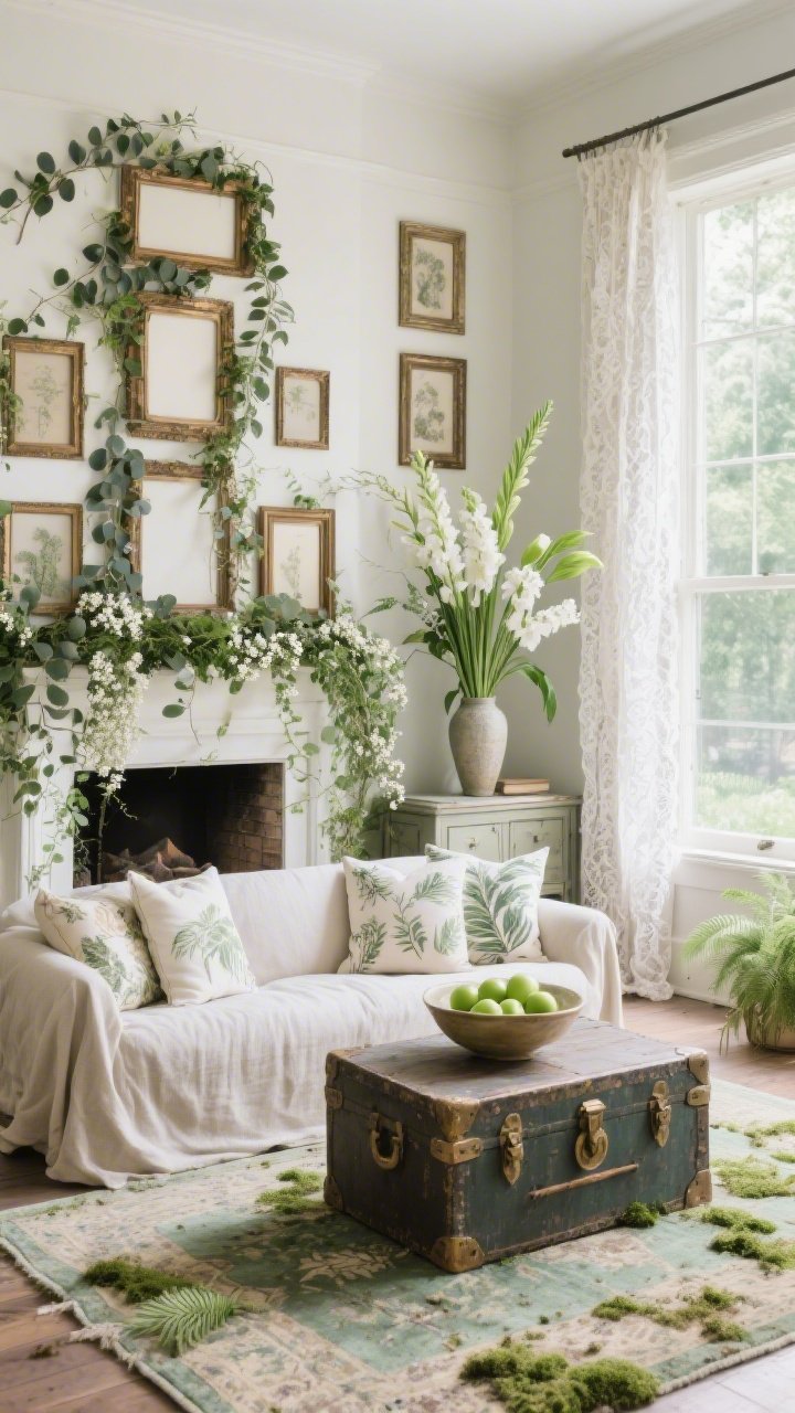 Wide living room shot, slight corner perspective: A garden-inspired space with a mantel displaying staggered empty antique frames woven through with trailing ivy, eucalyptus, and baby’s breath, as if nature is reclaiming the gallery. Windows wear fluttering lace café curtains in a light breeze. A slipcovered sofa in pale flax holds an assortment of botanical-print pillows. A weathered trunk serves as a coffee table topped with a ceramic bowl of green apples. On a sideboard, a tall vase brims with white stock and bells of Ireland for dramatic height. A worn Persian rug shows hints of moss and mint. Color palette: fern, flax, dove white, soft bronze. Textures: lace, washed cotton, aged brass, rough linen. Bright natural daylight, lush and slightly wild mood. Photorealistic, no people.
