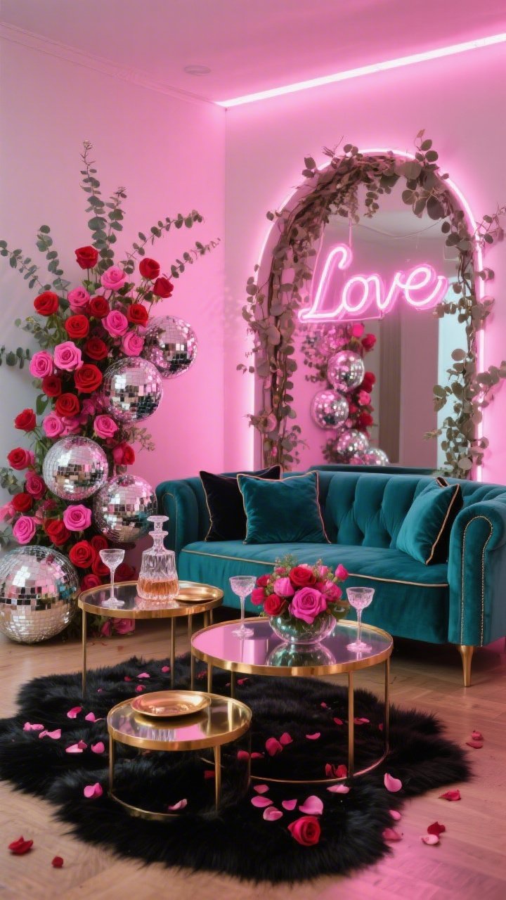 Wide lounge shot, slightly elevated corner angle: A glam cocktail corner with a teal velvet loveseat, brass nesting tables, and a cluster of vintage disco balls scattering reflections. A freestanding arch wrapped in eucalyptus is packed with hot pink, cherry red, and fuchsia roses; a neon “Love” sign glows inside the arch. Pink gel uplights wash the backdrop; reflective disco sparkle dances across smoked mirrors and brass trays. On the tables: coupe glasses, a crystal decanter, and a low floral bowl echoing the arch colors. A black faux-fur rug is scattered with rose petals; velvet pillows with piping on the loveseat. Photorealistic, glossy party lighting.